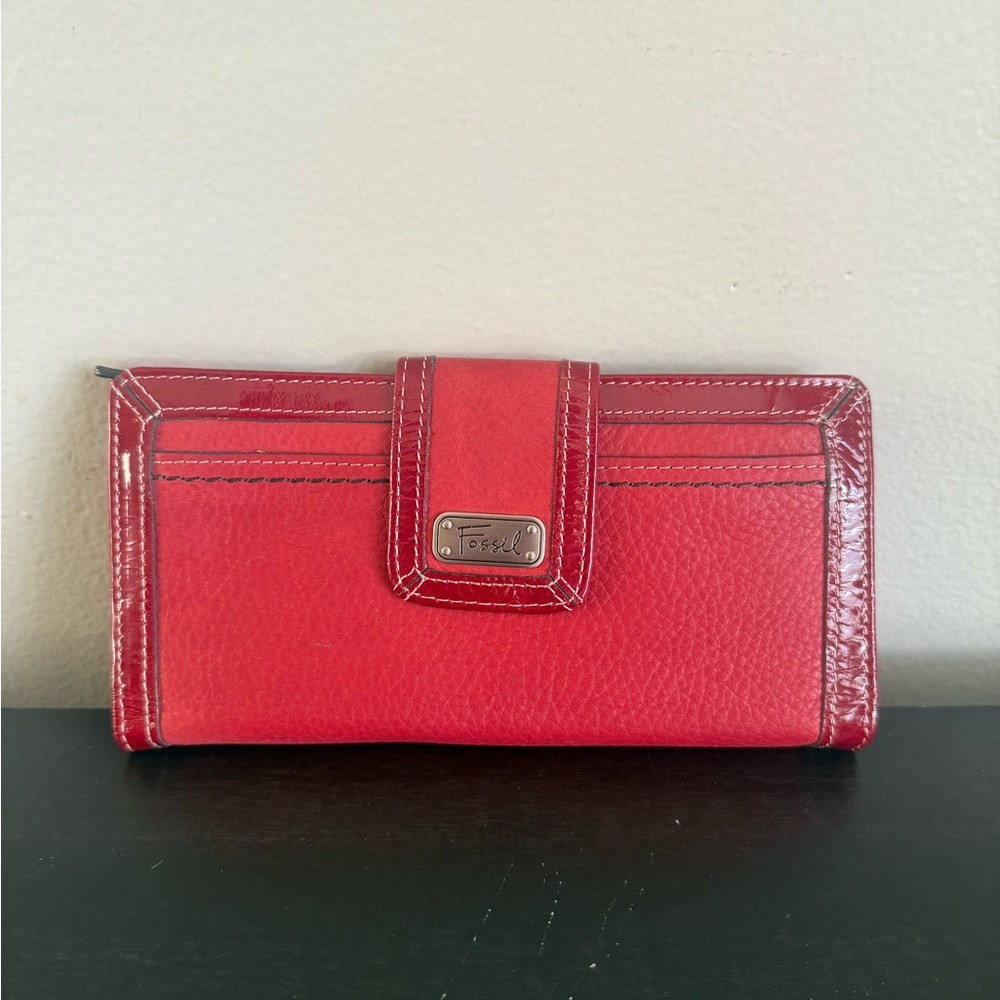 Fossil Red Genuine Leather Clutch Wallet Snap Button Organizer Card Holder